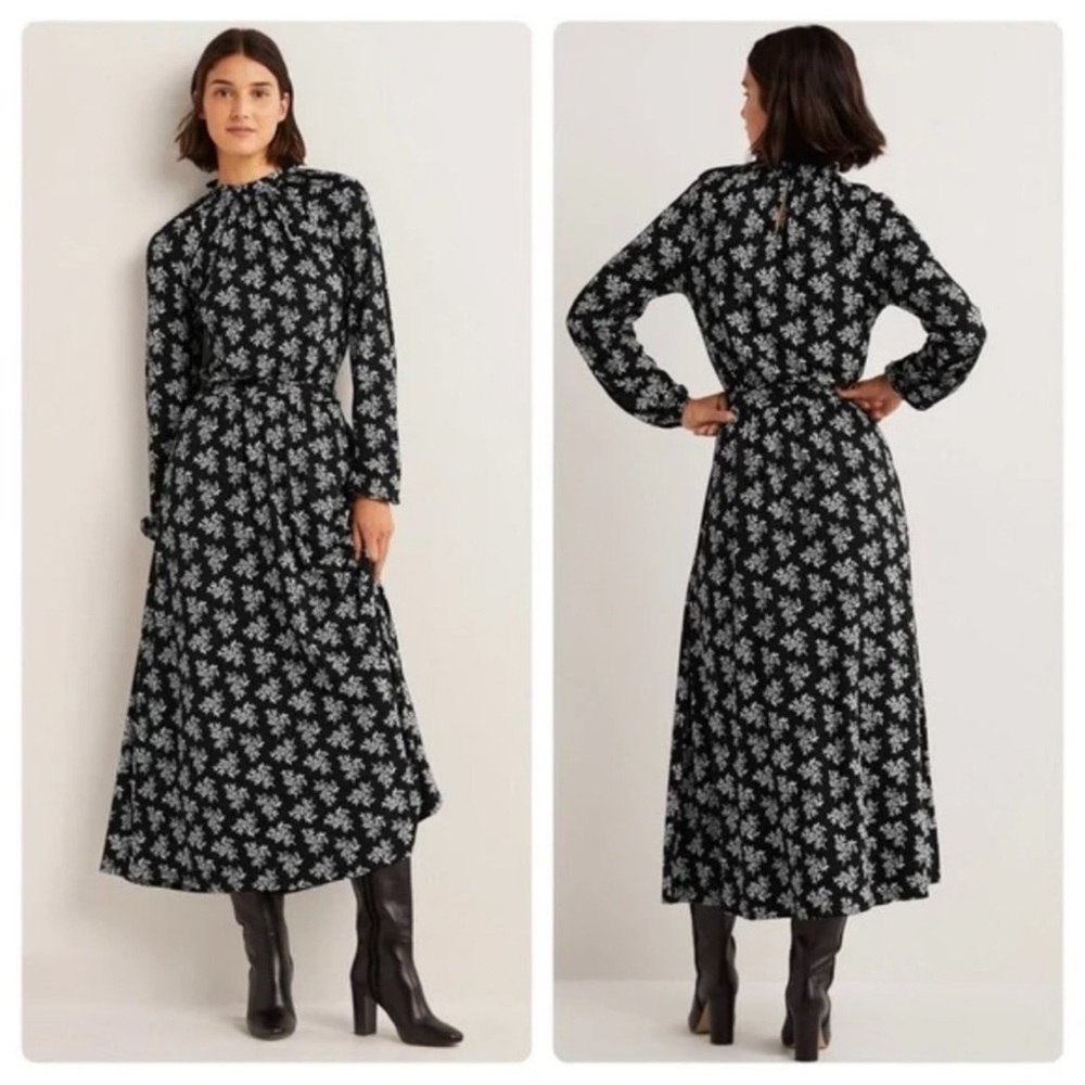 NWT Boden Printed Ruffle Neck Jersey Midi Black Dress size 12R
